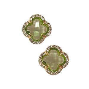 Elegant Blue And Light Green Crystal Clover Gold Tone Stud Earrings
